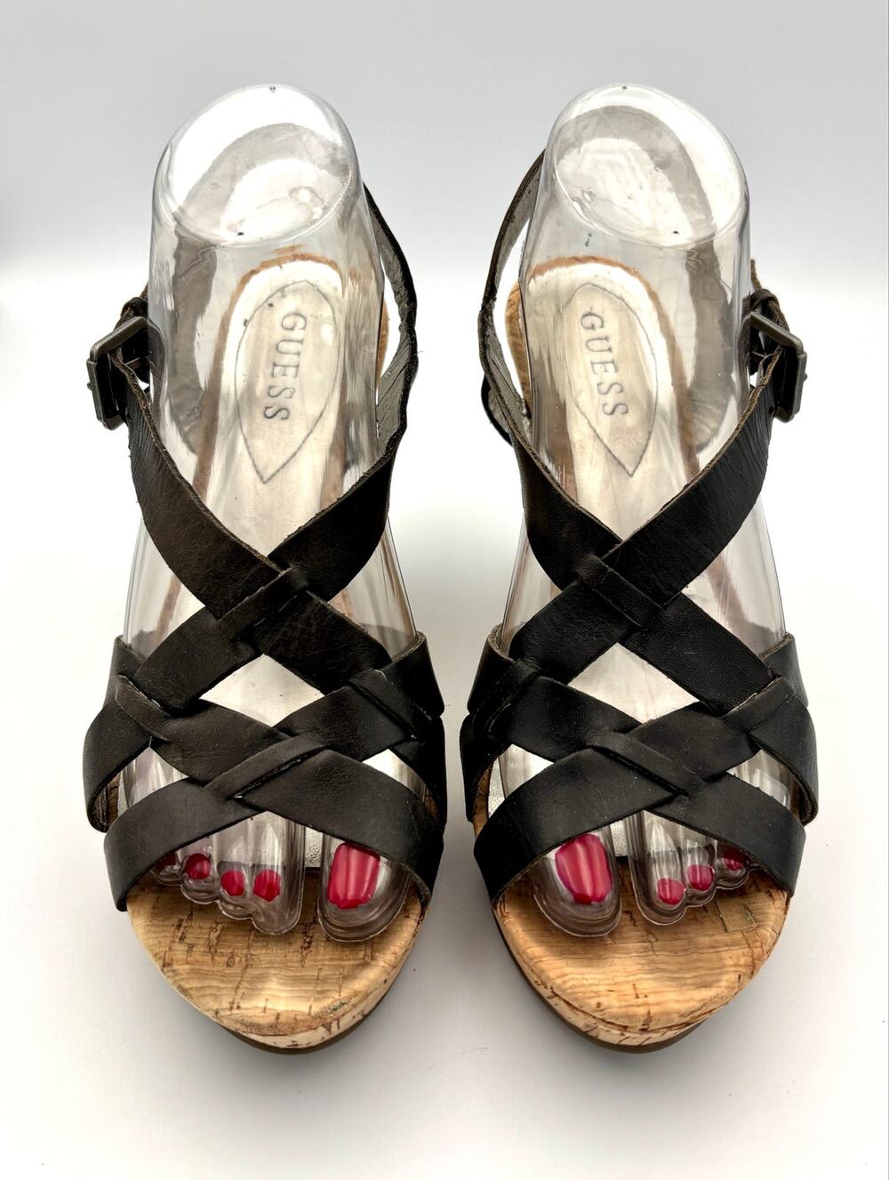 GUESS Harlea Cork Wedge Heel Sandals Black Leather Strappy Buckle Women’s 8